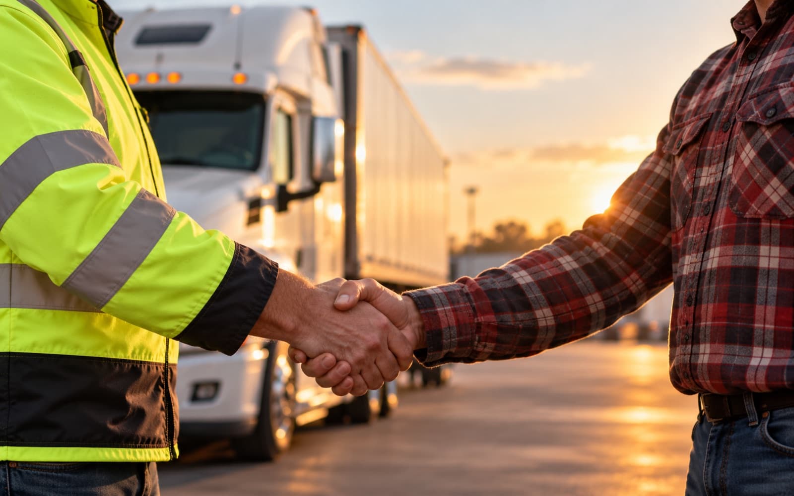 A handshake between a driver and a safety manager in front of a truck.