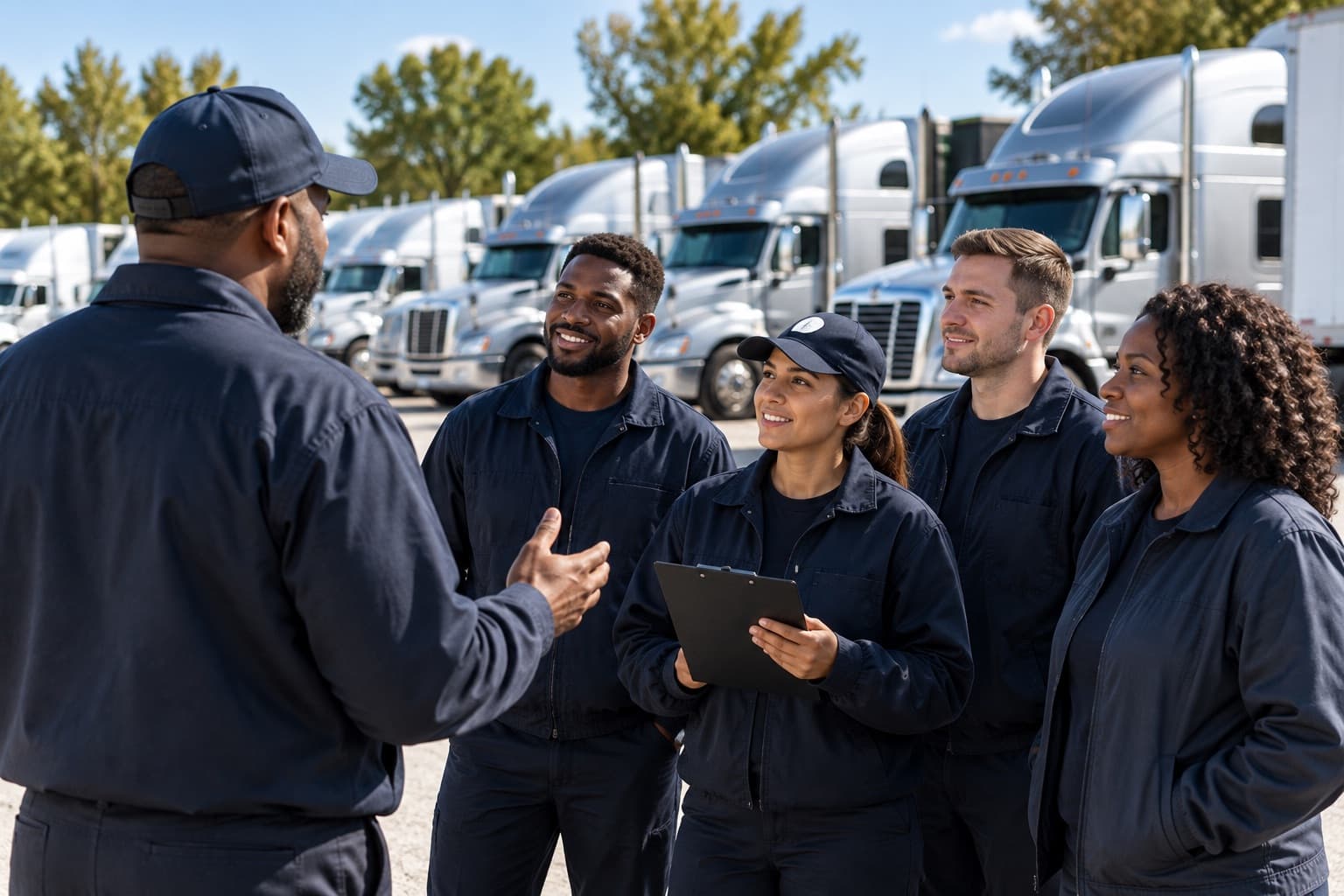 Instructor with a group of adult CDL students beside a training truck.