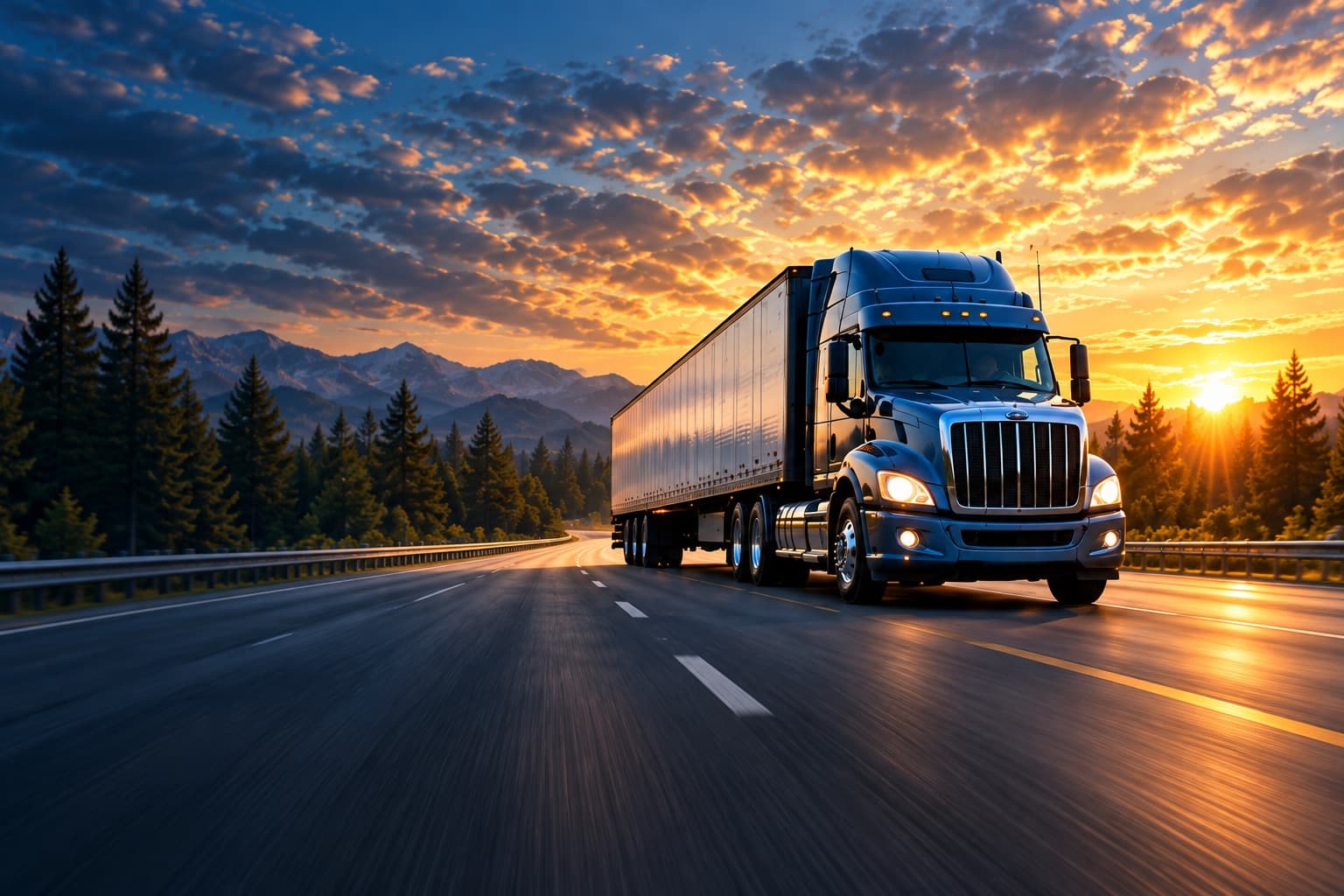 Blue semi truck approaching on a mountain highway at sunset.