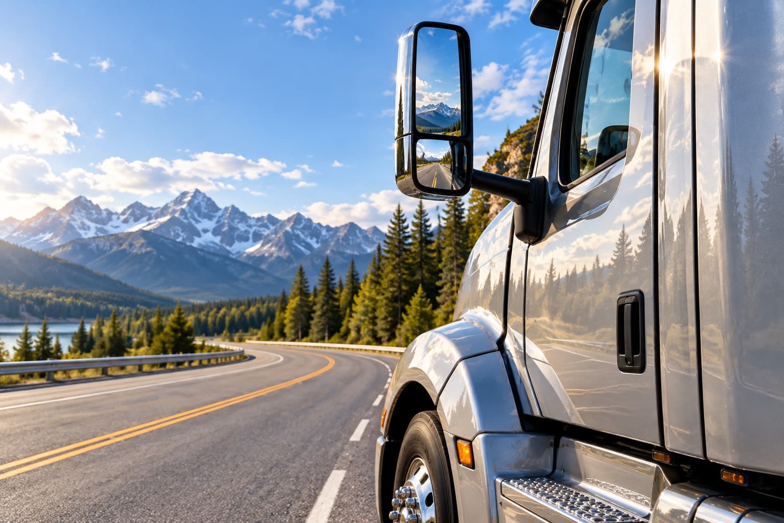 Silver truck cab and mirror beside a mountain highway.